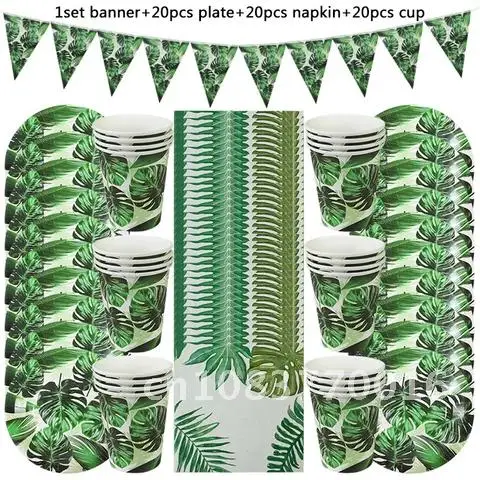 

61pcs Tropical Summer Luau Party Decoration Palm Leaf Disposable Tableware Paper Plate Cup Hawaiian Birthday Party Wedding Decor