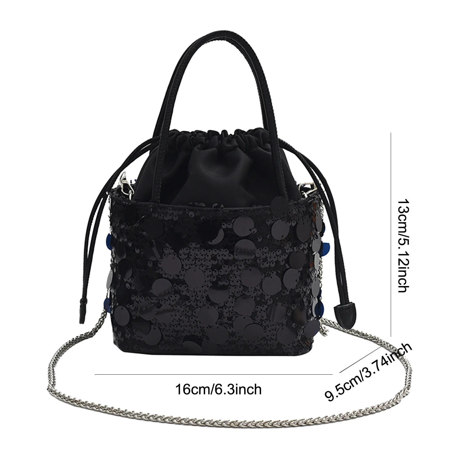 Women Sequins PU Shoulder Bag Drawstring Tote Bag Crossbody Bag for Travel Shopping Daily Use