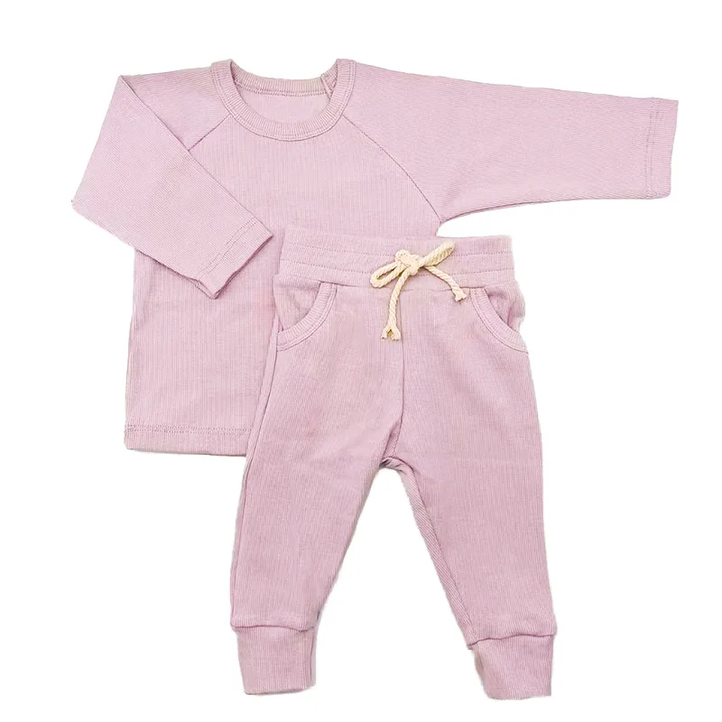Autumn Infant Pink Color Girls Long Sleeve O-Neck Ribbed Cotton Children Pajamas Clothes