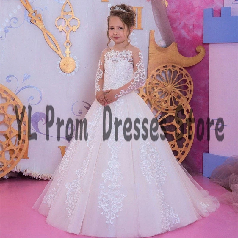 

YL Formal Lace Long Sleeve Flower Girl Dresses White Appliques Little Bride Dress For Wedding Long Illusion kids Evening Gowns