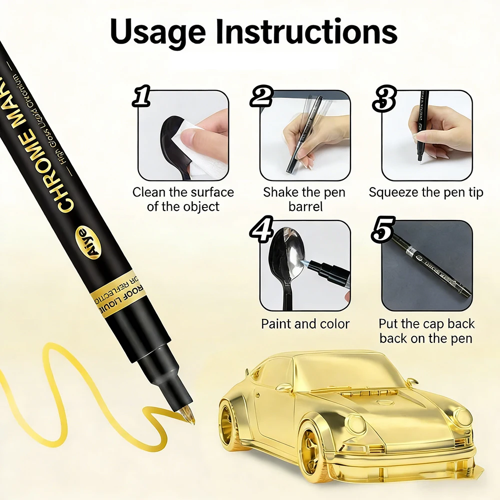 0.7mm 6 색 미러 마커 펜 DIY 반사 페인트 펜 크롬 마커 골드 은빛 구리 모델 페인팅 재도색