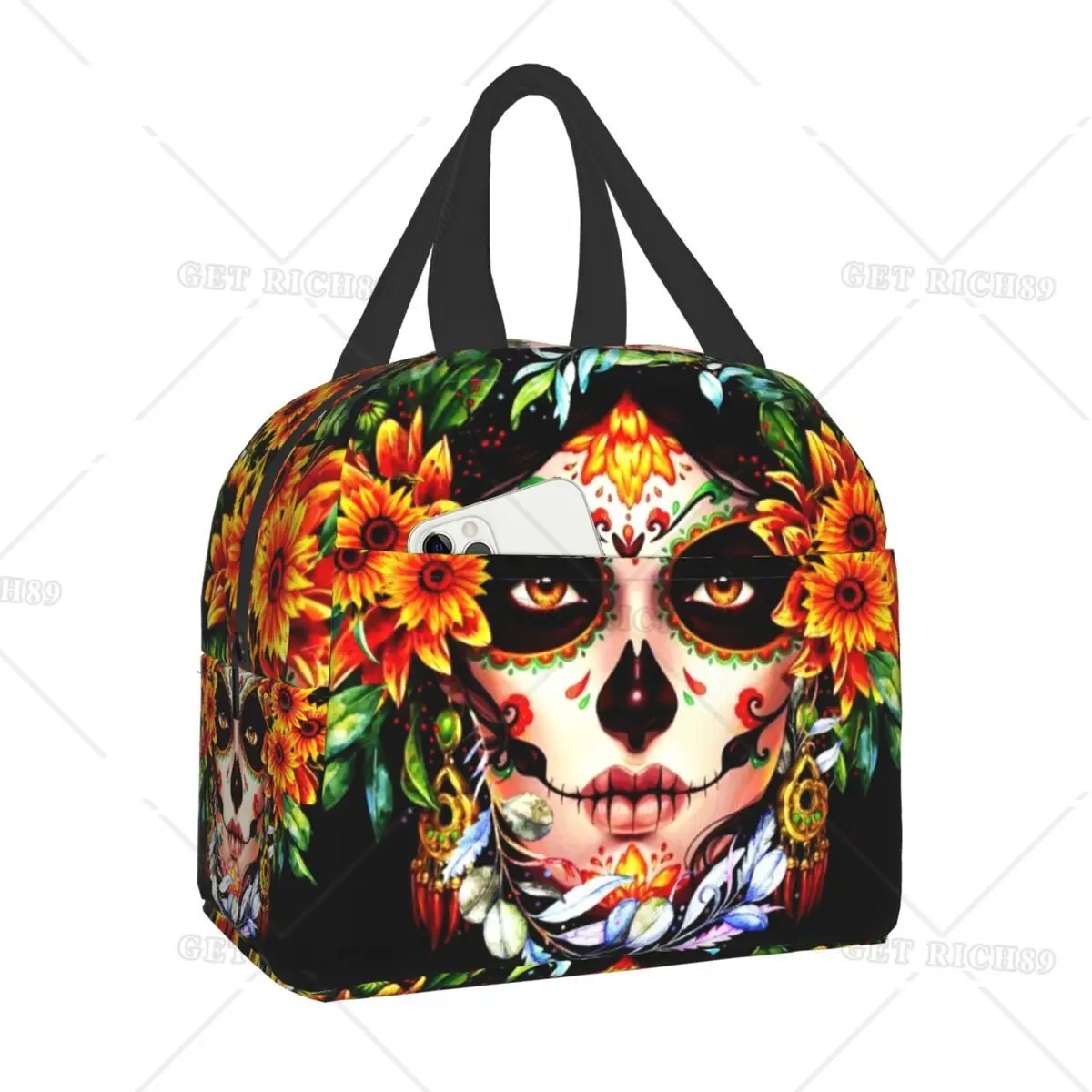 

Halloween Catrina Sugar Skull Insulated Lunch Bag for Women Kids School Food Day Of The Dead Cooler Thermal Portable Lunch Box