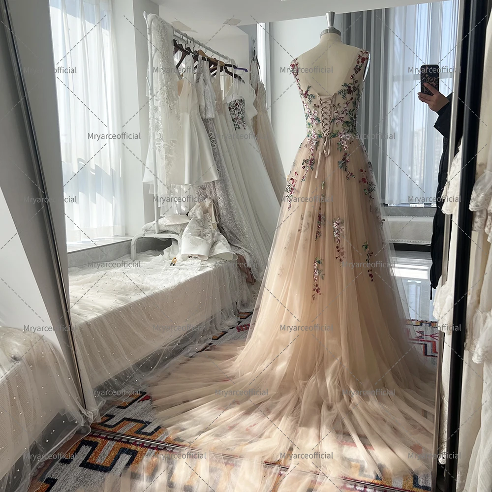 Mryarce Colored Embroidery Floral Wedding Dresses Soft Tulle