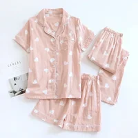 Three-piece Japanese-style pajamas women spring and summer autumn 100% cotton gauze short-sleeved shorts trousers summer suit ho - Image 2