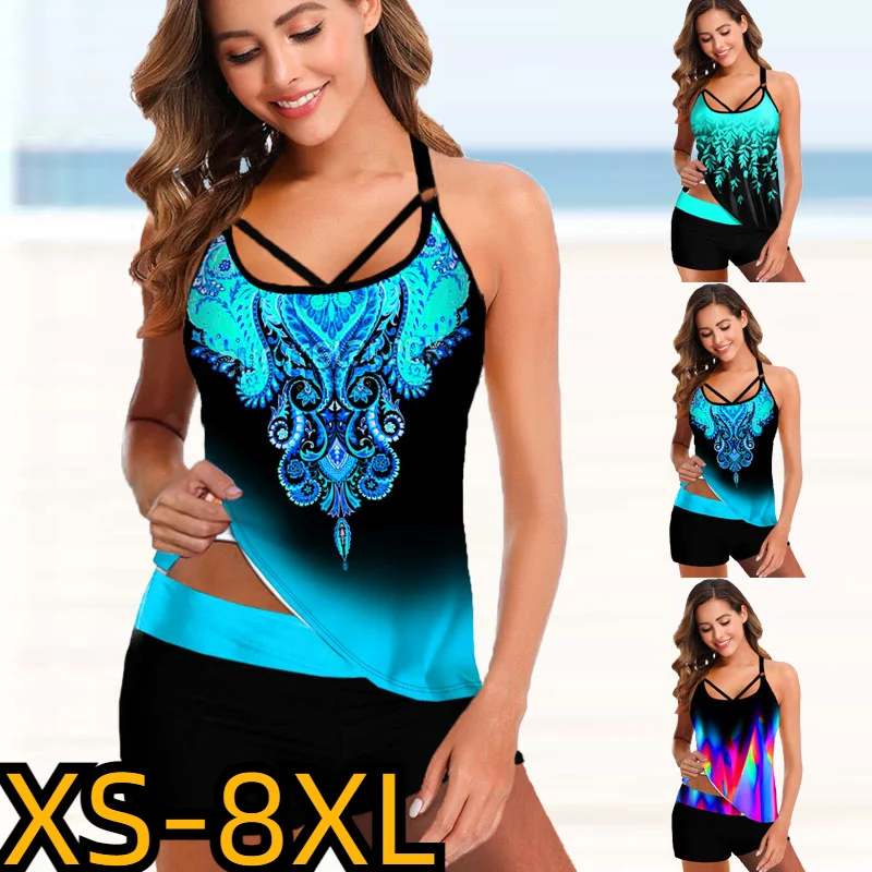 

2022 купальники из двух частей с принтом, Купальники, женские летние свободные купальные костюмы, танкини, сексуальное бикини, купальники с принтом листьев, пляжная одежда