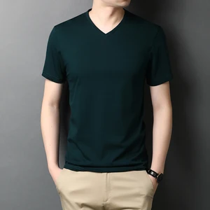 Top Quality Mercerized Cotton Tops 2024 Summer Men's Casual V-Neck Tees Short Sleeve Male Silk Cotton T-Shirts