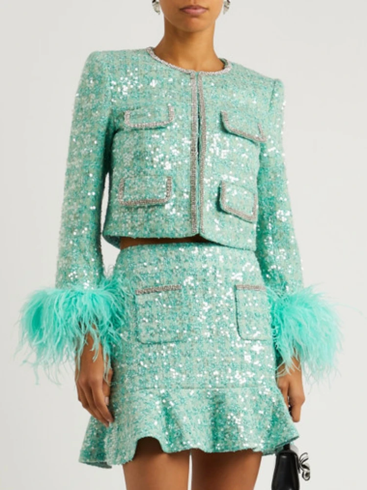 

Women Feather Long Sleeves Jacket + A-Line Ruffled Skirt Elegant Sequined Feather-trimmed 2-pcs Skirt Suit Evening Party Sets