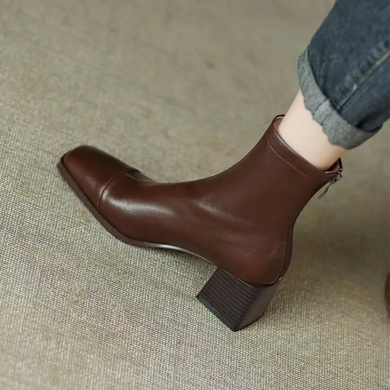 Square Toe Women Ankle Boots Flock Stretch Shoes Thin Mid Heels Black/Brown/Beige Back Zipper Dress Sock Boots Woman Size 34-40