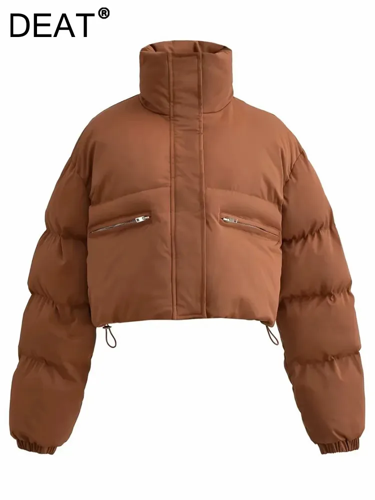 

DEAT Fashion Women's Cotton-padded Coat Stand Collar Drawstring Zipper Pockets Warm Short Parkas Jackets Winter 2024 New 7AB1964