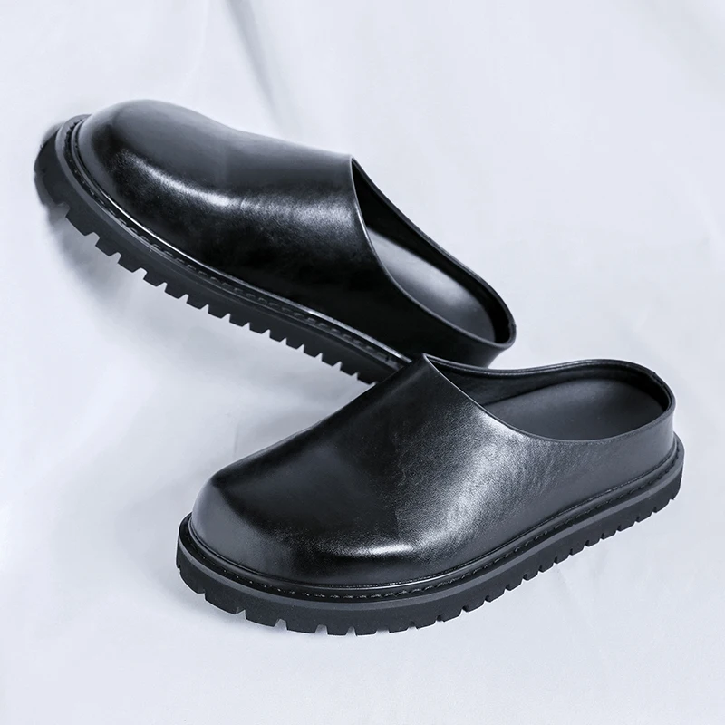 JY men bun head half slippers a slip-on sandals new lazy flat set feet heelless leather shoes