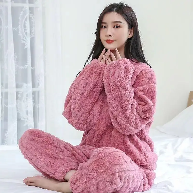 Pajamas for Women Winter Plus Velvet Thickened Pajamas Set Jacquard Cotton Velvet Home Clothes Suit Women Warm Thick