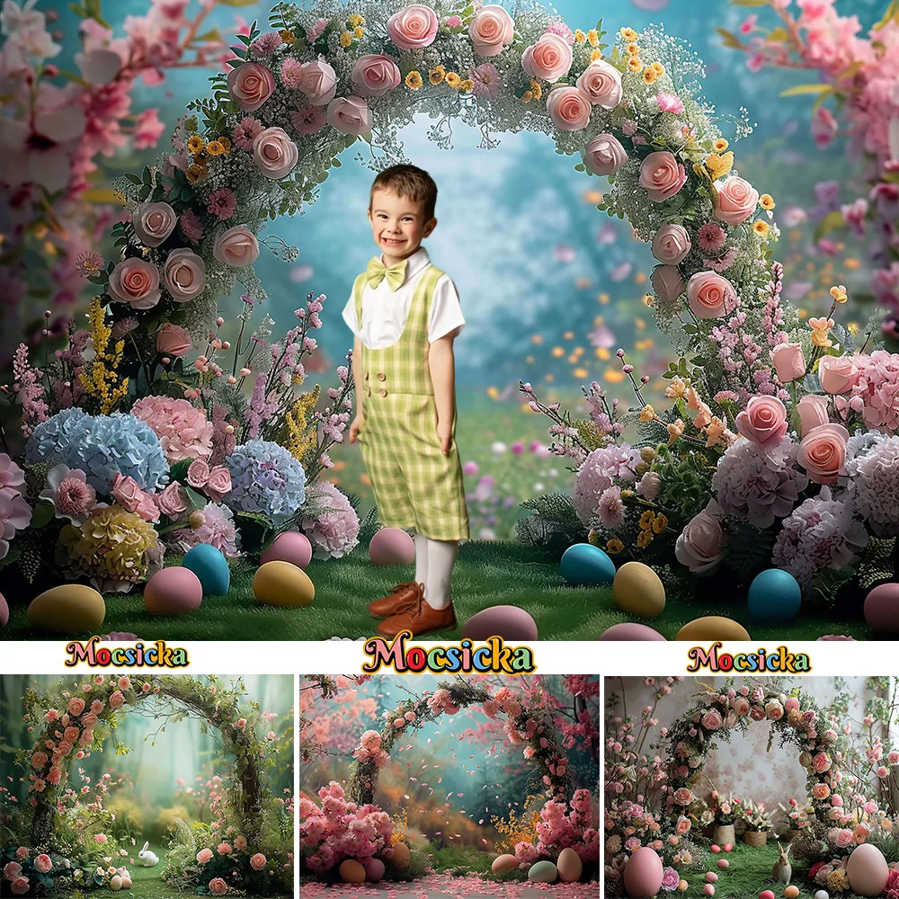 Sfondo Pasquale Per Studio Fotografico Spring Egg Arch Flower Green Grass Decor Boy Girl Cake Smash Birthday Party Photobooth