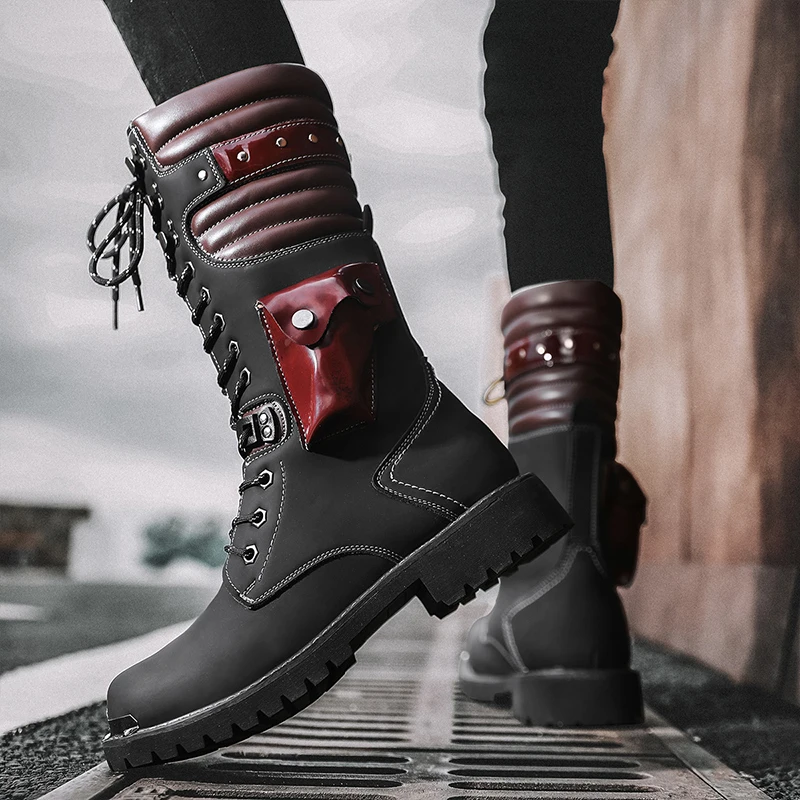 Combat Boots Mens Red Knee High Boots High Combat Boots Outfit