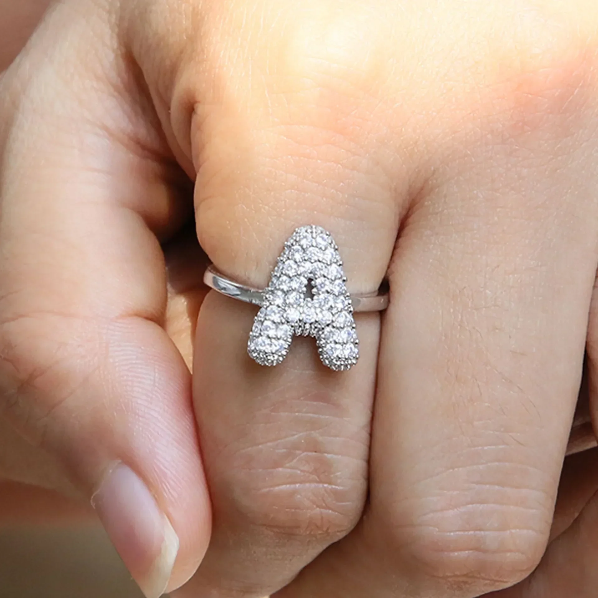 Sparkly CZ Zircon Letter Initial Finger Ring for Women Adjustable Gold Plated Balloon Bubble A-Z Alphabet Chunky Rings Jewelry