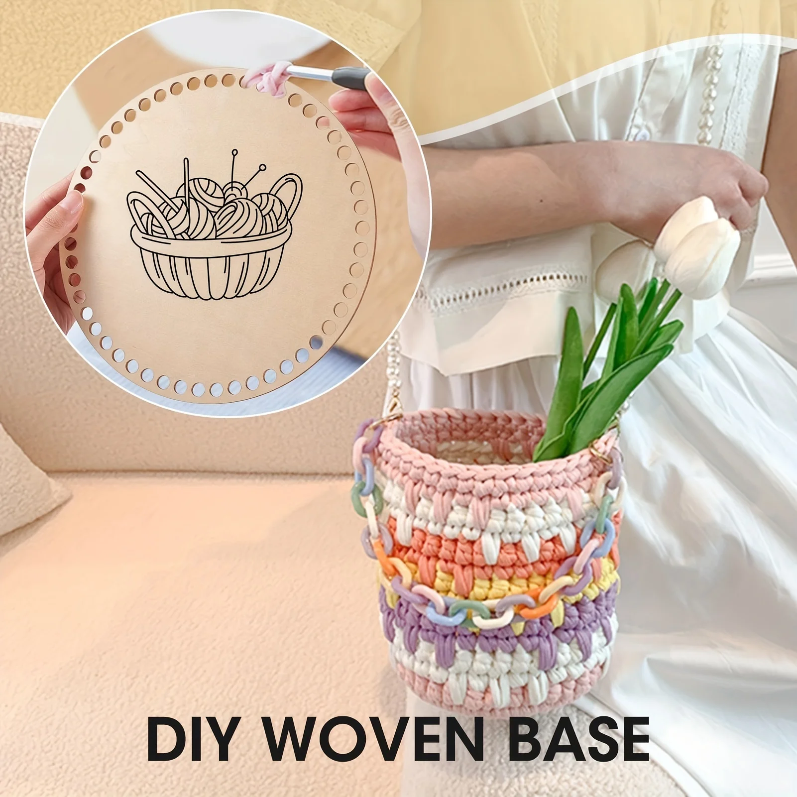 Apricot crochet basket base plate, DIY hand-woven supplies, used to make woven baskets, wooden crochet accessories