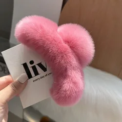 Luxurious Rex Rabbit Fur Plush Hair Claw Clip - Large, Cute, and Fuzzy Hair Accessory (Peach pink)