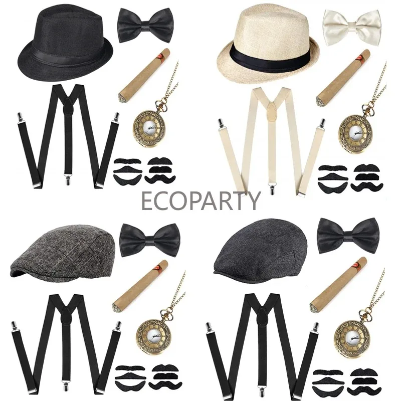 

ecoparty 1920s Costume Accessories Set 30s Manhattan Gangster Beret Y-Back Suspender pocket watch 1920s Men Gatsby Costume Beard