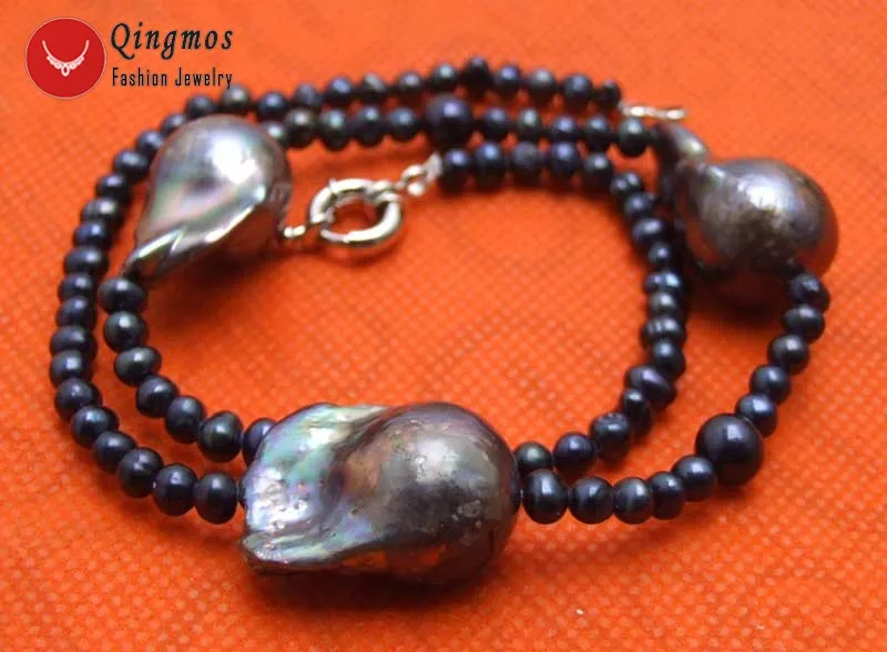 Qingmos 14*25mm Baroque Natural Black Pearl Pendant Necklace for Women with 5mm Black Pearl Pearl Necklace Chokers Jewelry