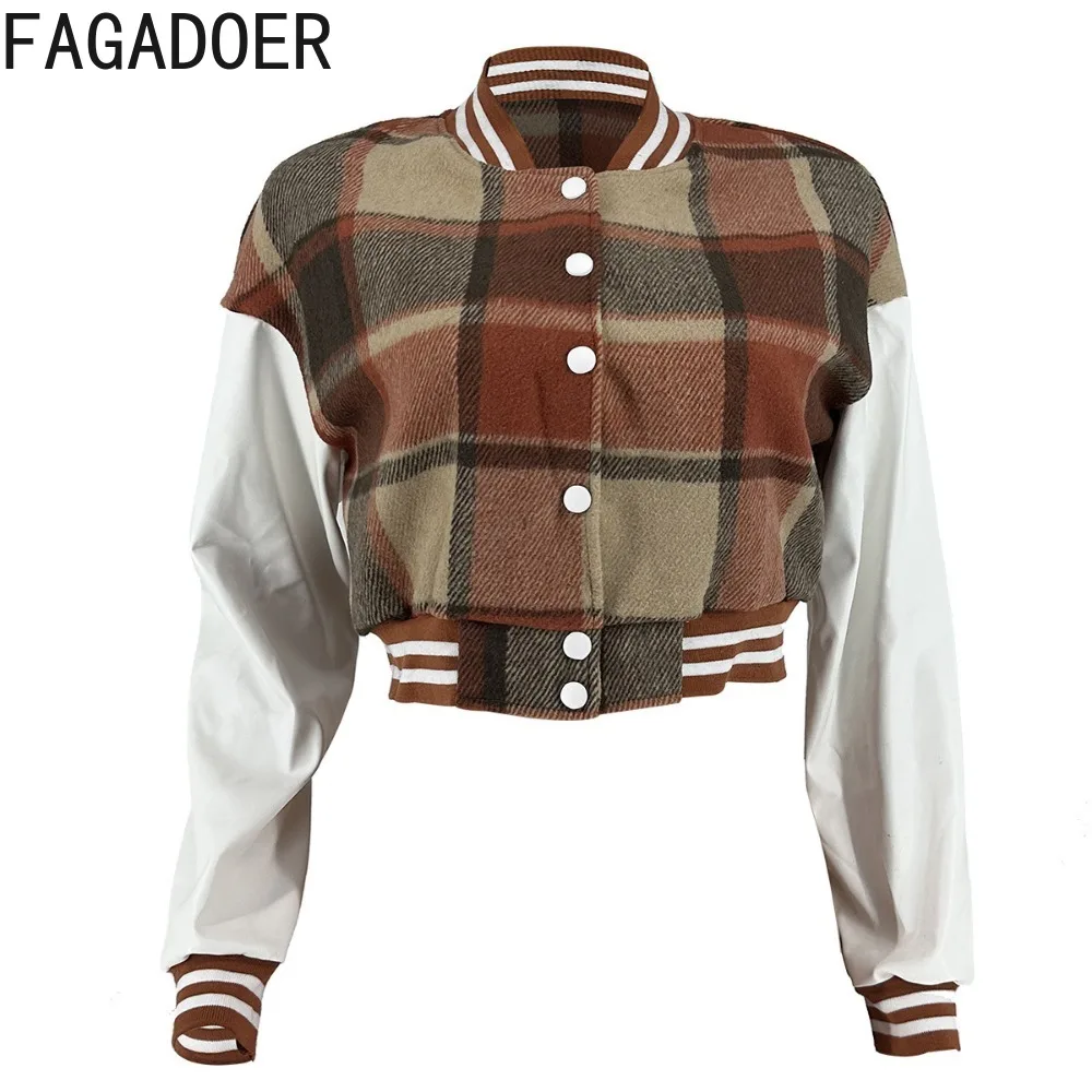 FAGADOER Fashion Retro Plaid Printing Baseball Jacket Women Button Long Sleeve Crop Top Casual Patchwork Matching Streetwear Top