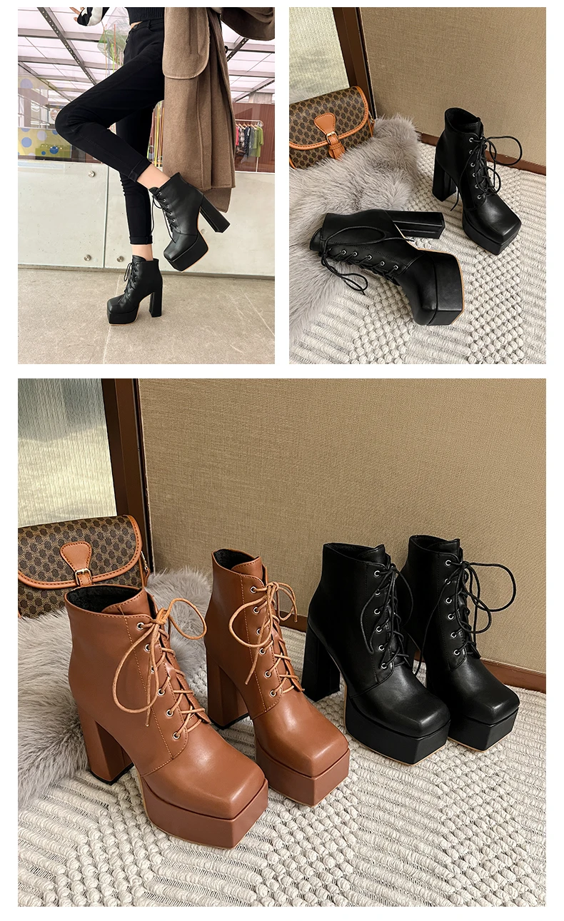 Quadratische Zehenpartie, hohe Plateau-Schnürung, einfarbig, sexy Damen-Stiefeletten, schwarze Lederstiefel, mattes Finish, Frühling und Herbst, neues High-End-Design, Runway-Modell-Stil, elegant, sexy, einfarbig, quadratischer Absatz, ultrastabil – Detail 7