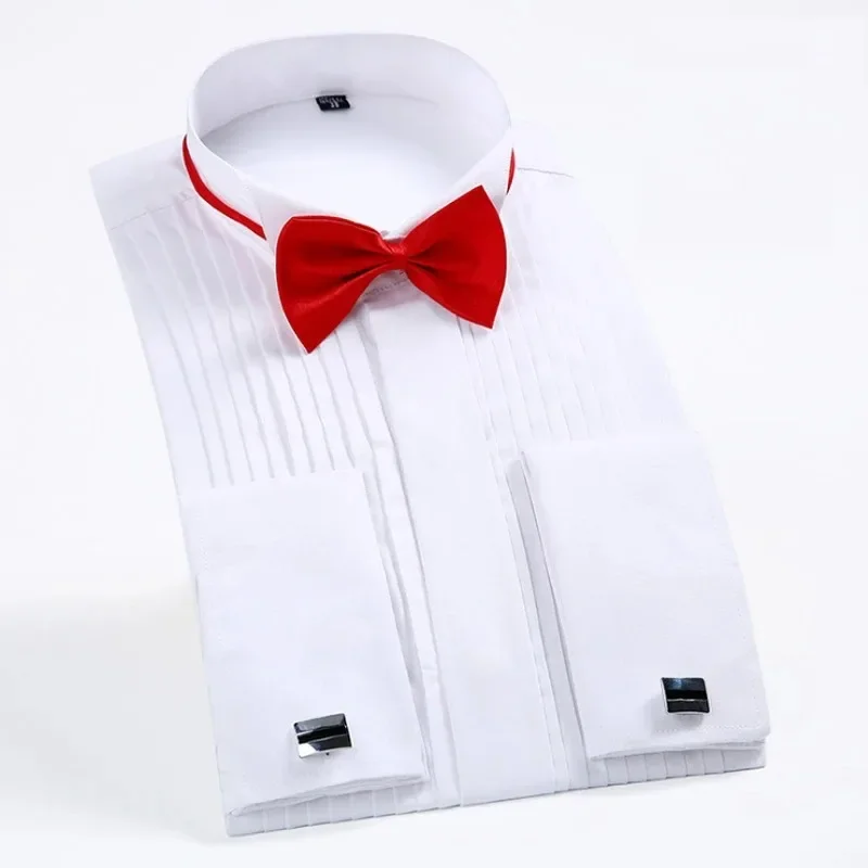 

Men's Wing-tip collar 1/4" Pleat Tuxedo Dress Shirt French Cuffs Hidden Buttons Placket Long Sleeve Wedding Bridegroom Shirts