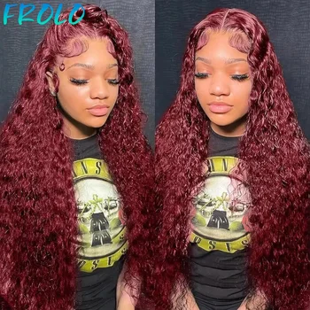 Peluca ondulada profunda 99J borgoña de cabello humano con encaje HD 13x6 1