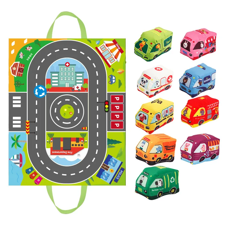 Baby Montessori Soft Car Toy with Map Game Mat Storage Bag Infant Cloth Book Cute Cartoon Sensory Training Toys Toddlers Gifts 5