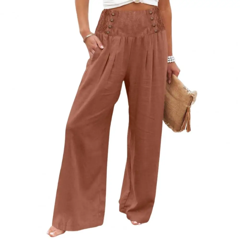 

Женские брюки с широкими штанинами, эластичная талия, широкие штаны с декоративными карманами на пуговицах, однотонные брюки для весны и лета