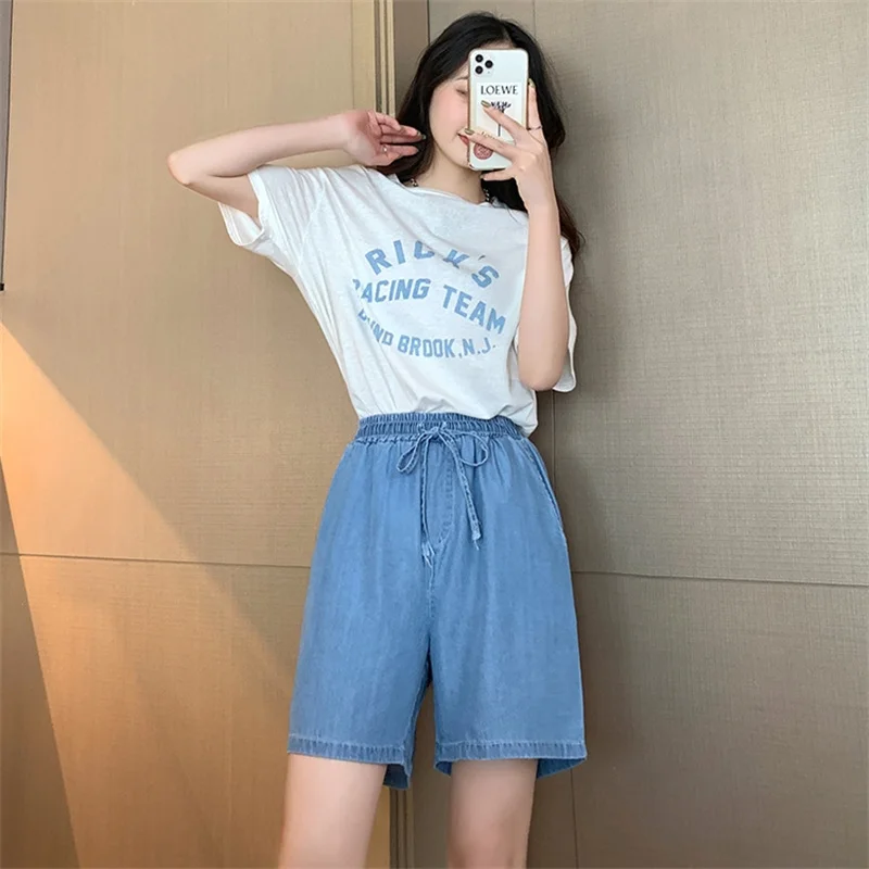 Wide Leg Jeans Shorts Summer Lyocell Straight Shorts for Women High Waist Casual Thin Female Pants Plus Size Loose Bottoms