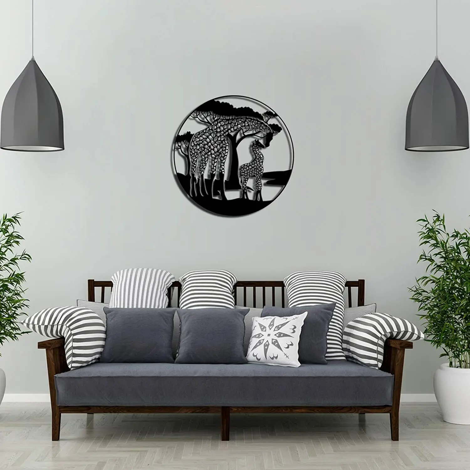 

African Animal Metal Wall Decor Giraffe Mommy Kiss Baby Beside Trees Wall ArtLiving Room/Home Decoration