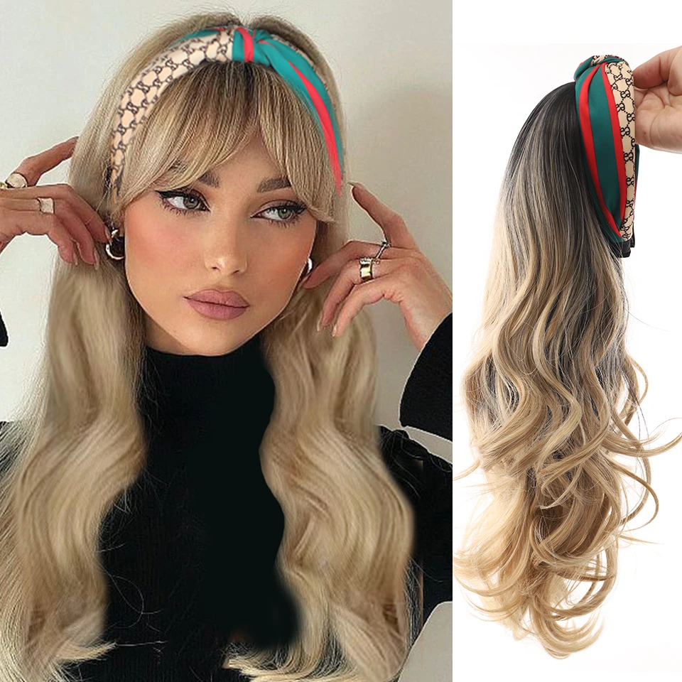 

AS Synthetic Long Wavy Headband Wig Female Ombre Brown Black Blonde Cosplay Natural Heat Resistant Half Hair Wig for Women