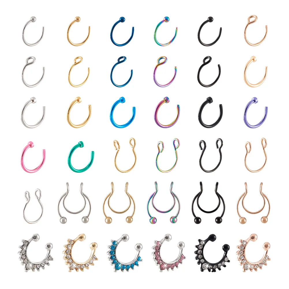 

36Pcs Mixed Stainless Steel Punk Nose Ring Fake C Clip Lip Ring Earring Rings For Girl Women Non-Piercing Body Jewelry Supplies