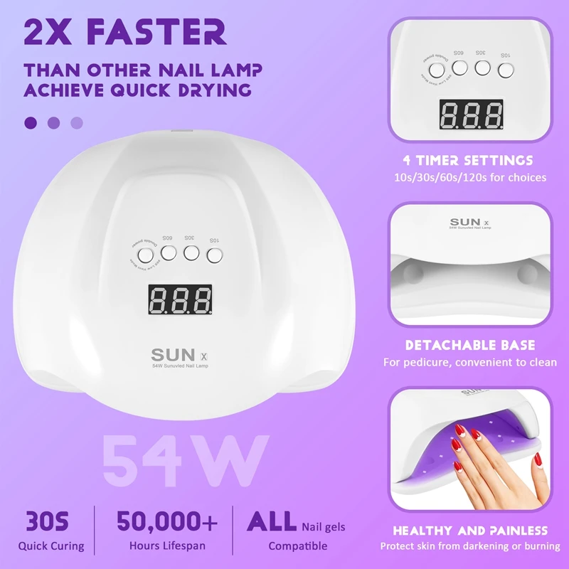 썬 X 네일 젤 건조기, UV LED 램프, 전문 백색광 광택제 기계, 빠른 건조기, 네일 아트 도구 E, 54 W