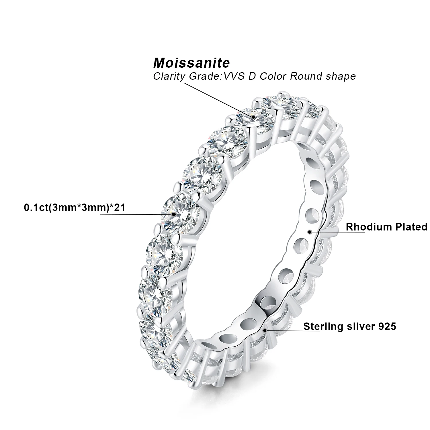 JewelryPalace 여성용 모이사나이트 D 컬러, 옐로우 로즈 골드 도금, 쌓을 수 있는 반지, 라운드  웨딩 밴드, 2.1ct