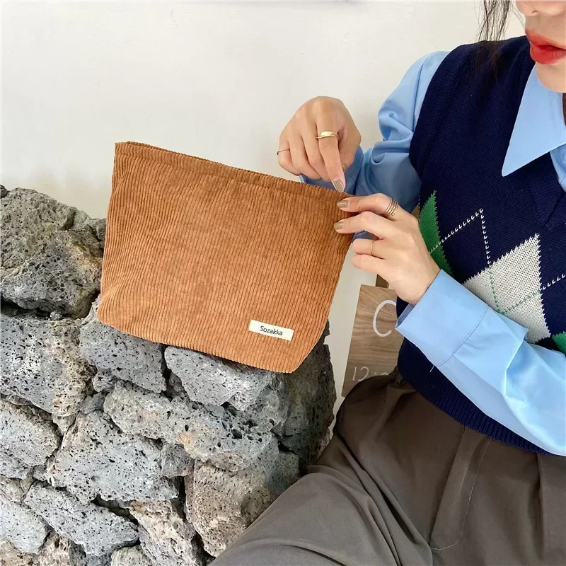 Soft Large Cosmetic Bags Women Neceser Makeup Toiletry Bag Fashion Travel Make Up Bag Corduroy Brush Pencil Organizer Case 6