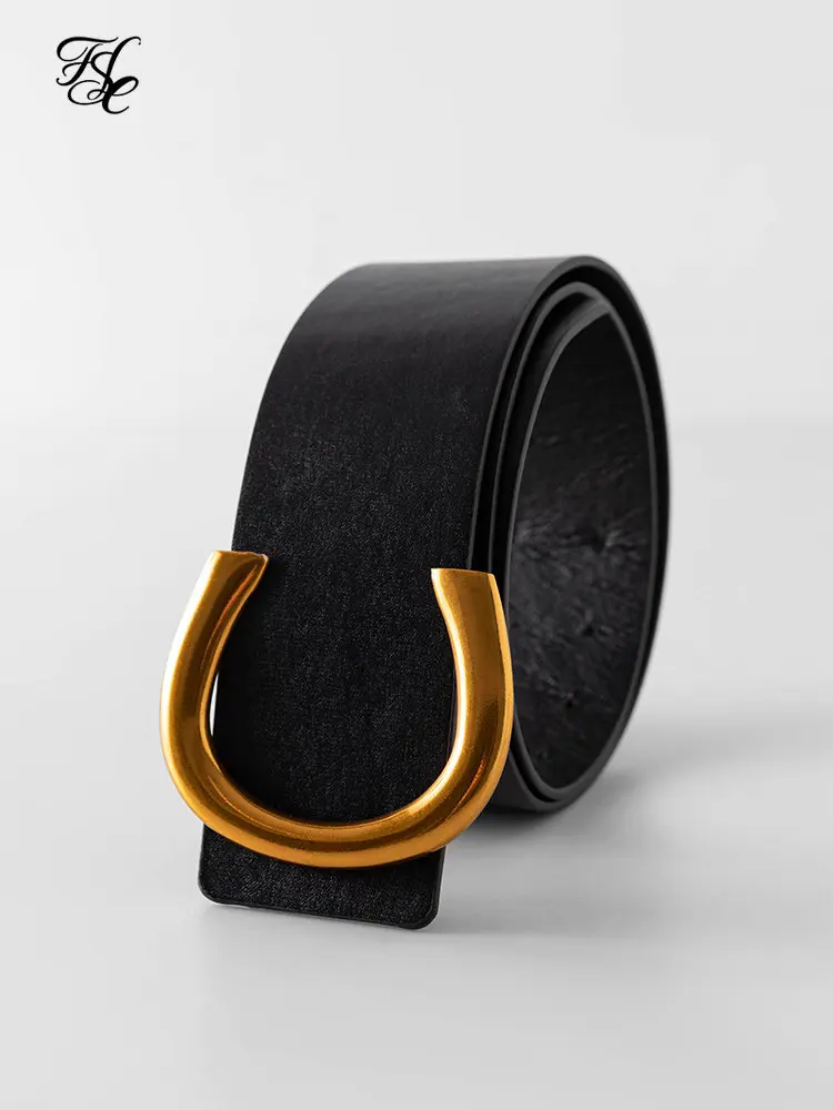 

FSLE Fashion Versatile Horseshoe Buckle Wide Belt Artificial Leather Pu Belt Decorative Belt