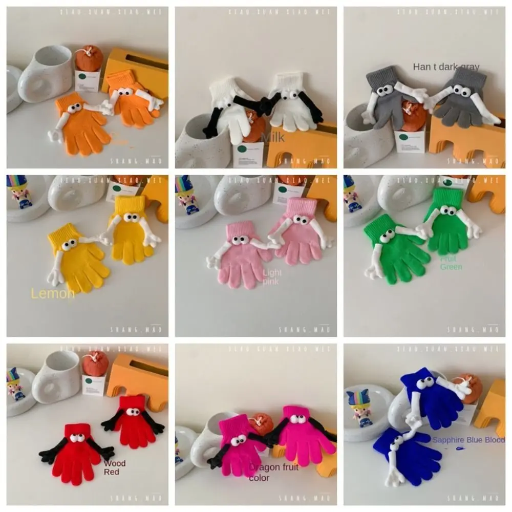 Big Eyed Doll Hand in Hand Magnetic Knitted Gloves Touch Screen Open Fingered Student Magnetic Knitted Gloves Funny Warm