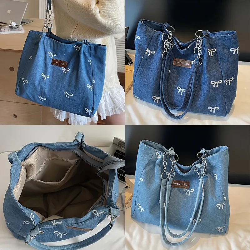 Women's Casual Tote Bag with Fixed Chain Strap & Bow Embroidery Durable Zipper Closure Handbag for Daily Commute Shopping Outing
