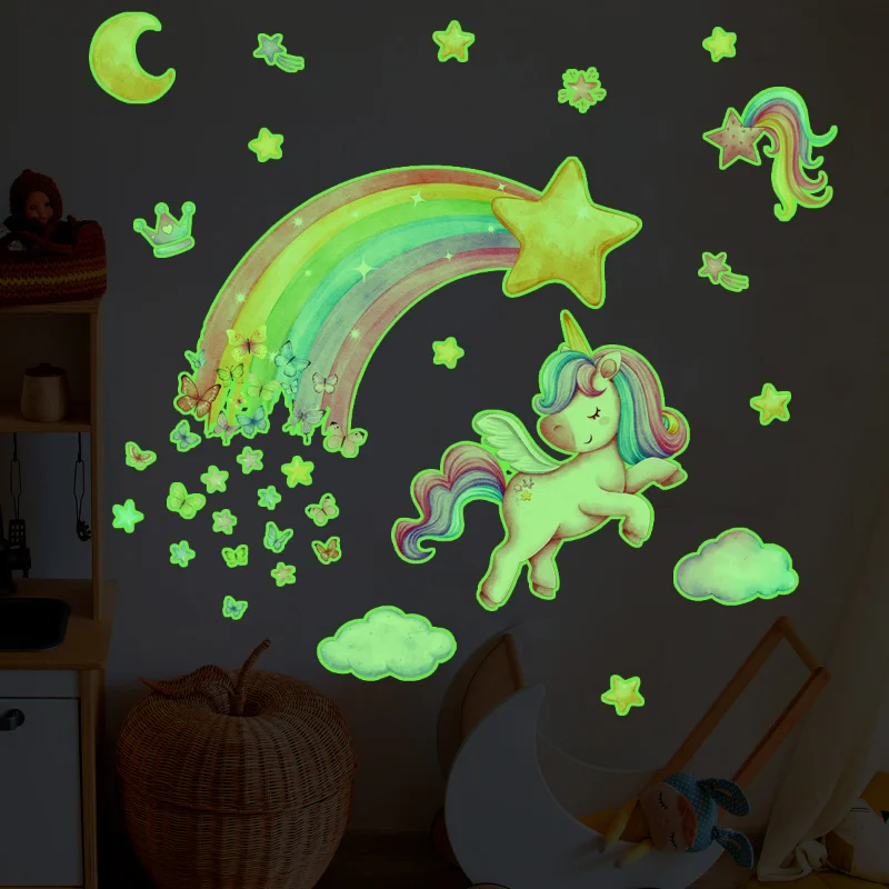 Stars Shine In The Dark Wall Stickers Rainbow Unicorn Phosphorescent Fluorescent Night Light For Baby Bedroom