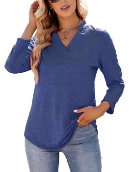 Women's V Neck Business Casual 3/4 Sleeve Shirts Loose Work Blouses 2
