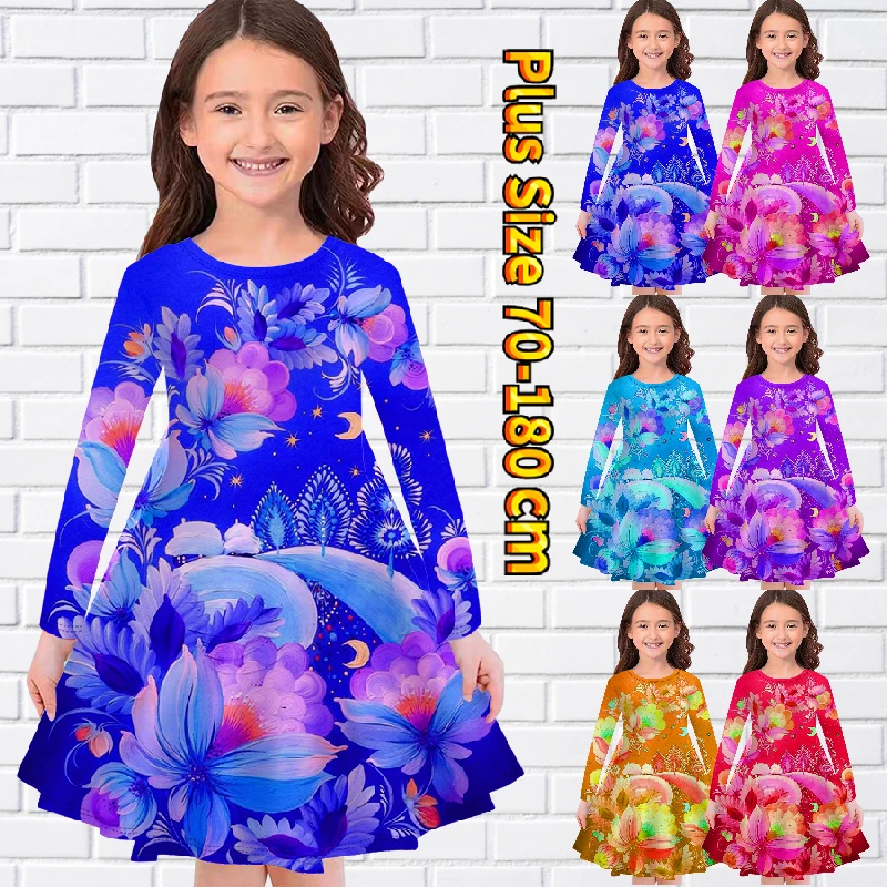 

Autumn Winter Little Girl Floral Print Dress Everyday Street Retro Loose Long Sleeve Skirt Round Neck Knee Skirt Girl Midi Skirt