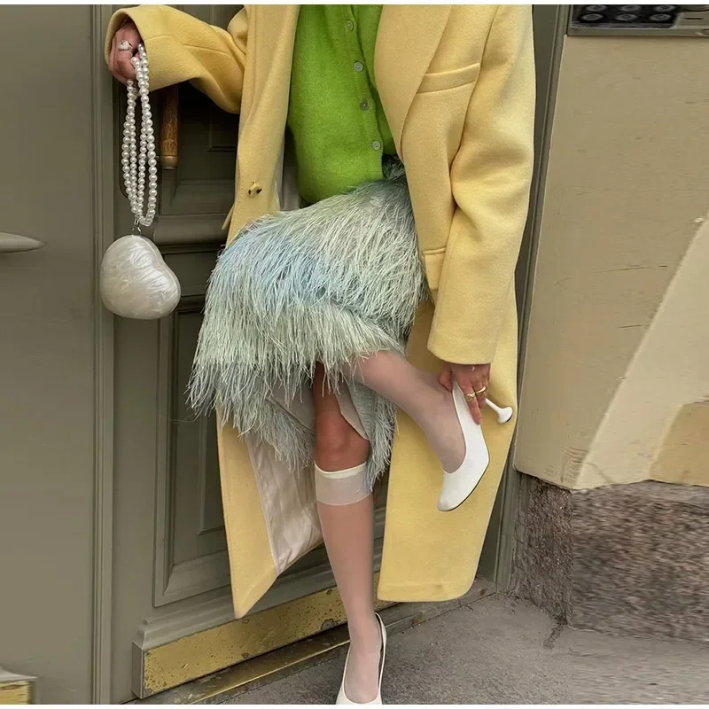 Fashion Woolen Long Coat Women Autumn Full Sleeve Button Fake Pocket Split Yellow Overcoat Elegant Oversize New in Outwear