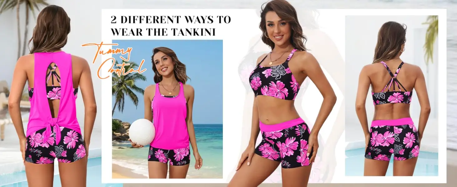 3 piece open back tankini swimsuit bathing  suit shorts