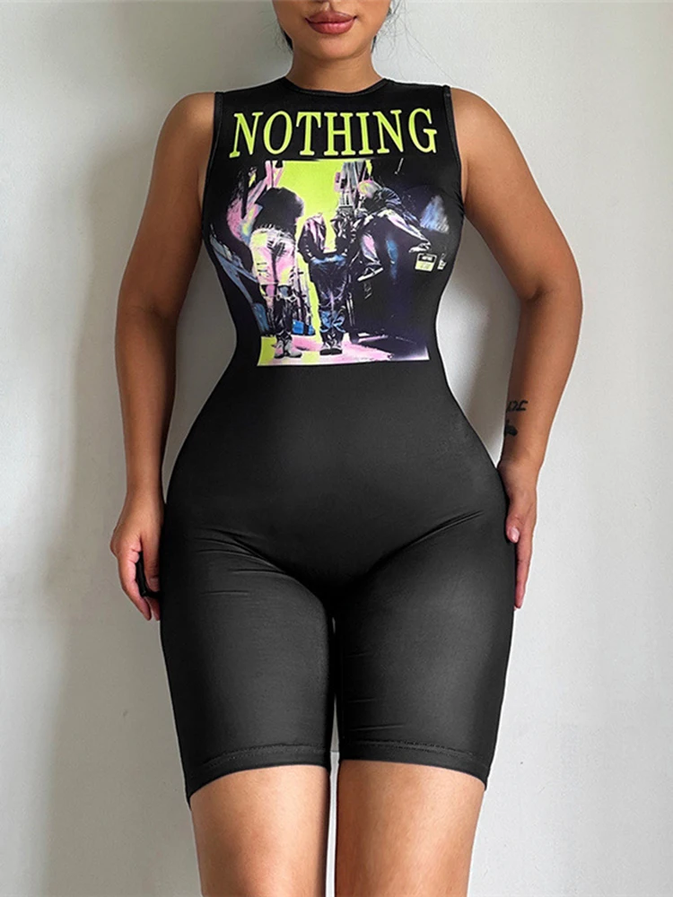 

Sifreyr Y2K Graphic Print Playsuits Women Fashion Sleeveless Zipper Stretch Skinny Jumpsuit Rompers Street Style Casual Overalls