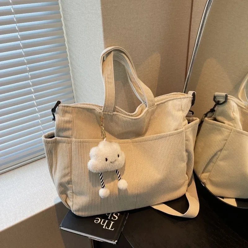 Four Seasons Corduroy Totes Bag Large Capacity Shoulder Crossbody Bag Black/Beige/Brown Spacious for Women‘s Casual Daily Use