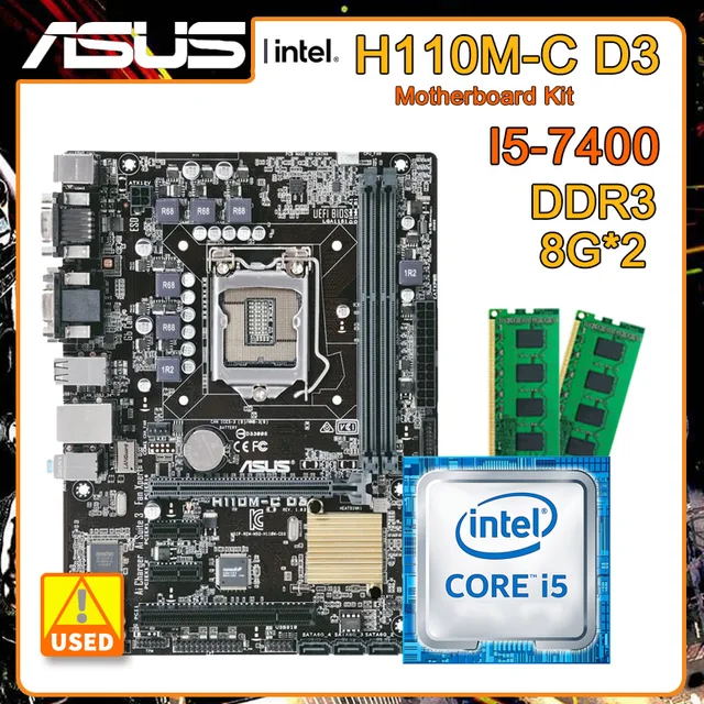 LGA 1151 Motherboard kit with Core i5-7400 cpu and 2*DDR3 8G RAM ASUS H110M-C D3 Intel H110 Motherboard set Micro-ATX 1