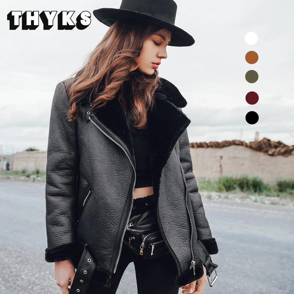 

Women's Winter Sheepskin Coat Faux Leather Aviator Jackets for Women Retro Lapel Padded Fur Coats Warm Thick Moto Bomber Jacket