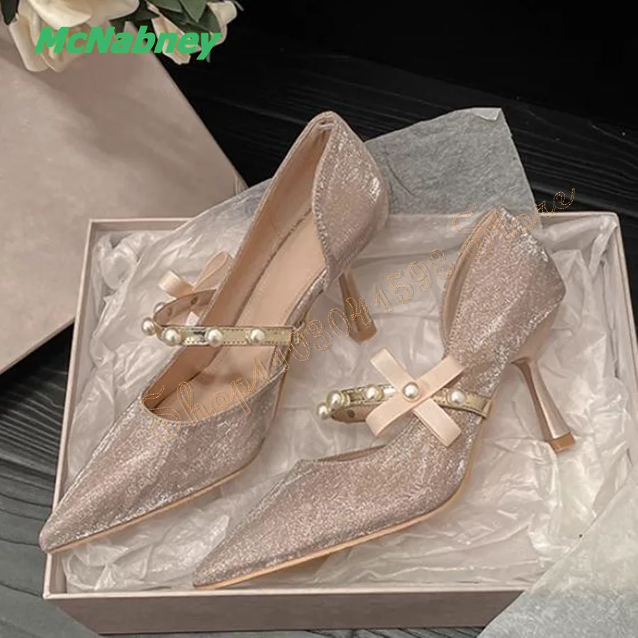 

BlingBling Pointed Toe Pumps Pearl Bow Stiletto Women's Shoes Wedding Party HIgh Heels Plus Size 2024 New Zapatos Para Mujere