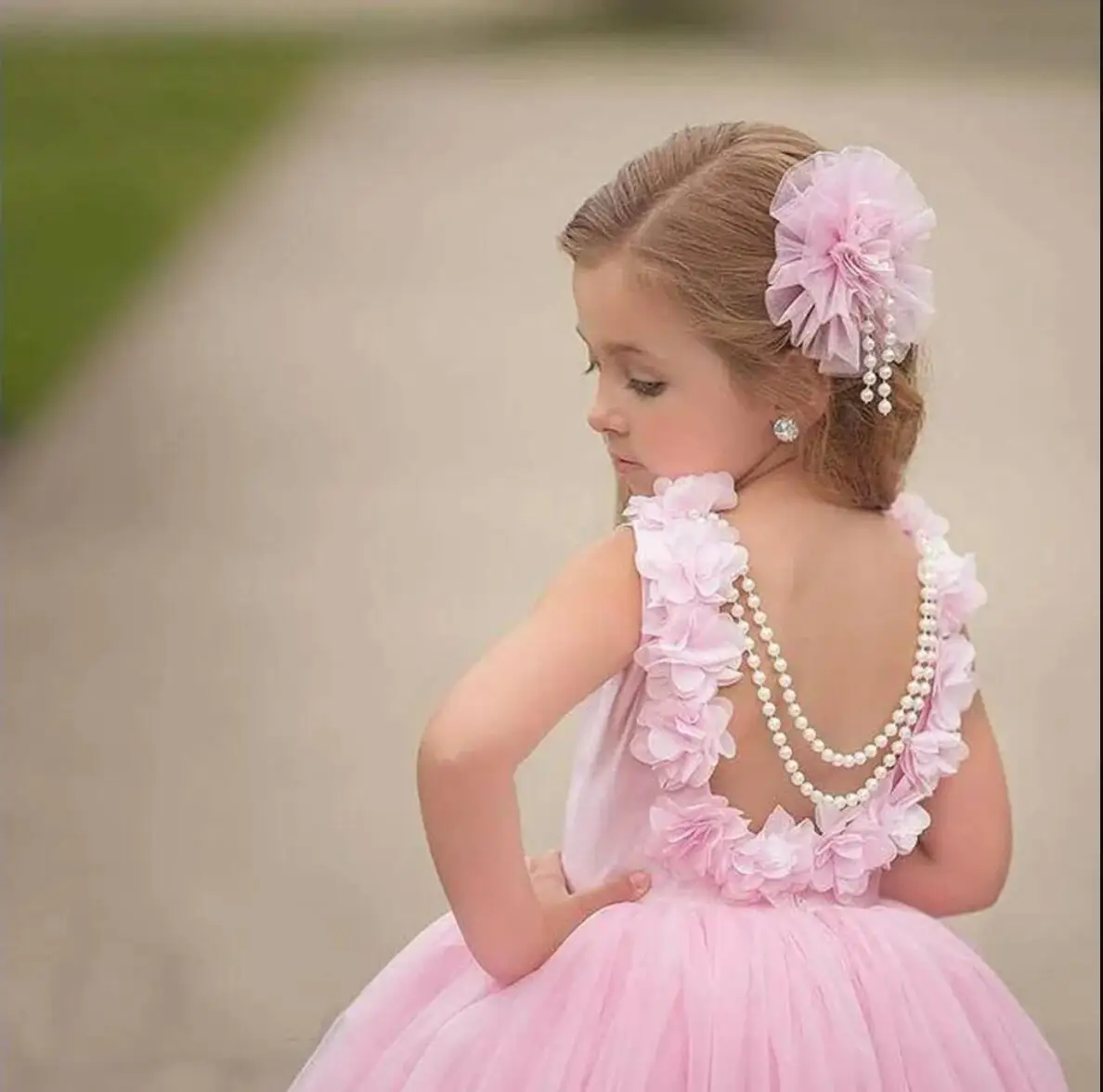 

Pink Backless Flower Girl Dresses Ball Gown Hand Made Flowers Pearls Lilttle Kids Birthday Pageant Weddding Gowns