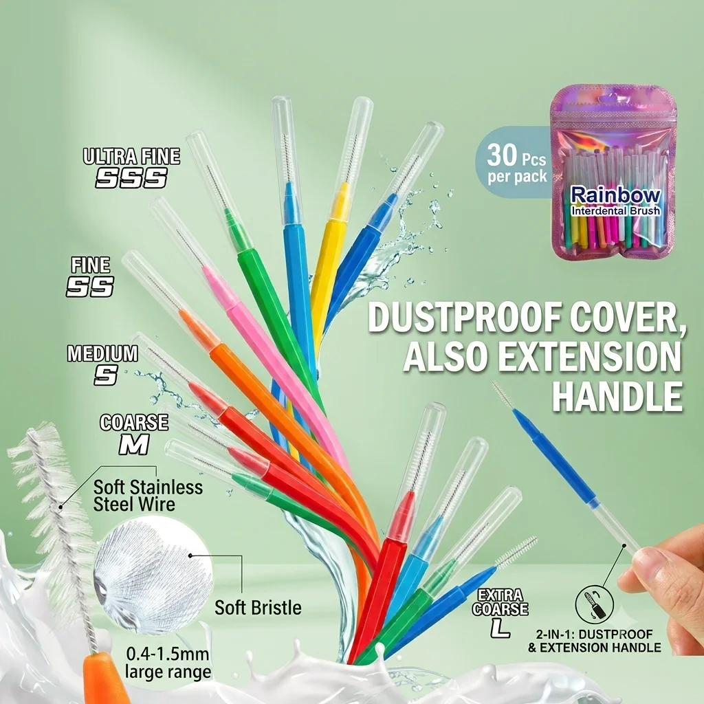 30pcs 0.6-1.5mm 브러시 픽 I 모양 치간 브러시 교정 치아 틈새 브러시 치..